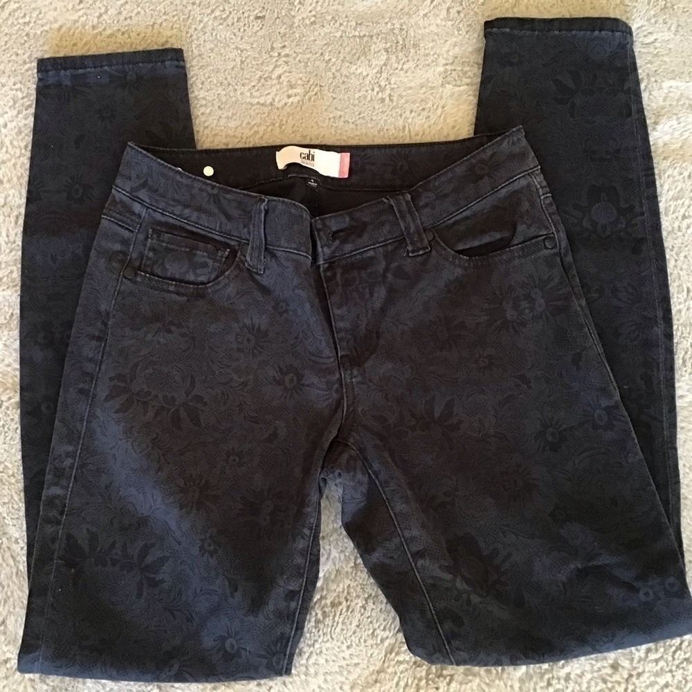 CAbi Jeans Womens Size 4 Blue skinny lace floral‎ print Stretch Black Low Rise